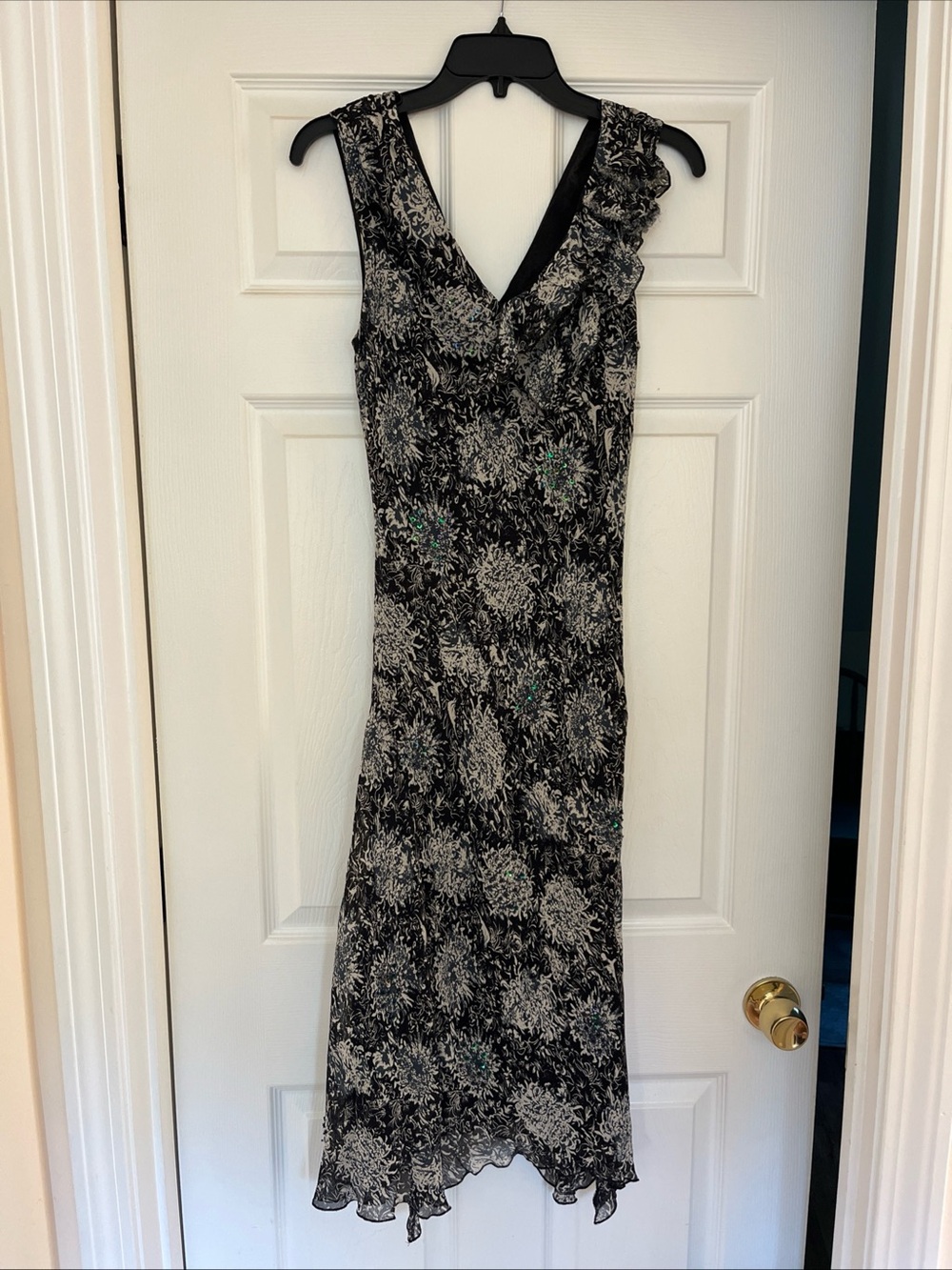 Vintage Y2K 90s Lapis Floral Silk Beaded Ruffle Slip Dress Fairy Whimsical S/M